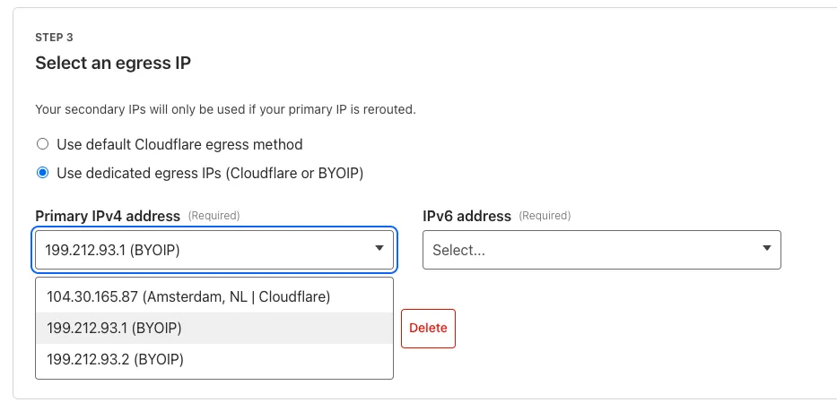 Screenshot of a dropdown menu adding a BYOIP IPv4 address as a dedicated egress IP in a Gateway egress policy