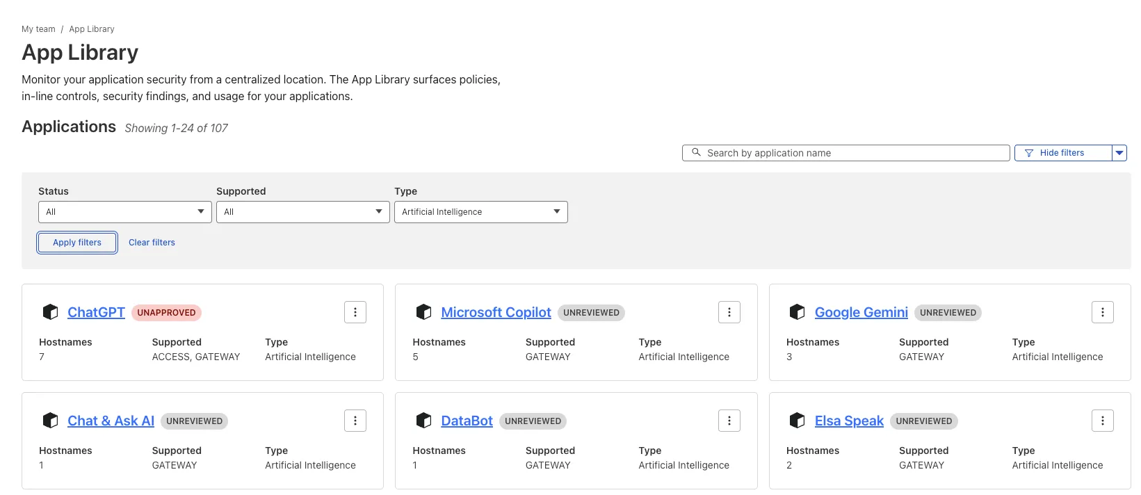 The App Library filtered to show some of the supported Artificial Intelligence applications.