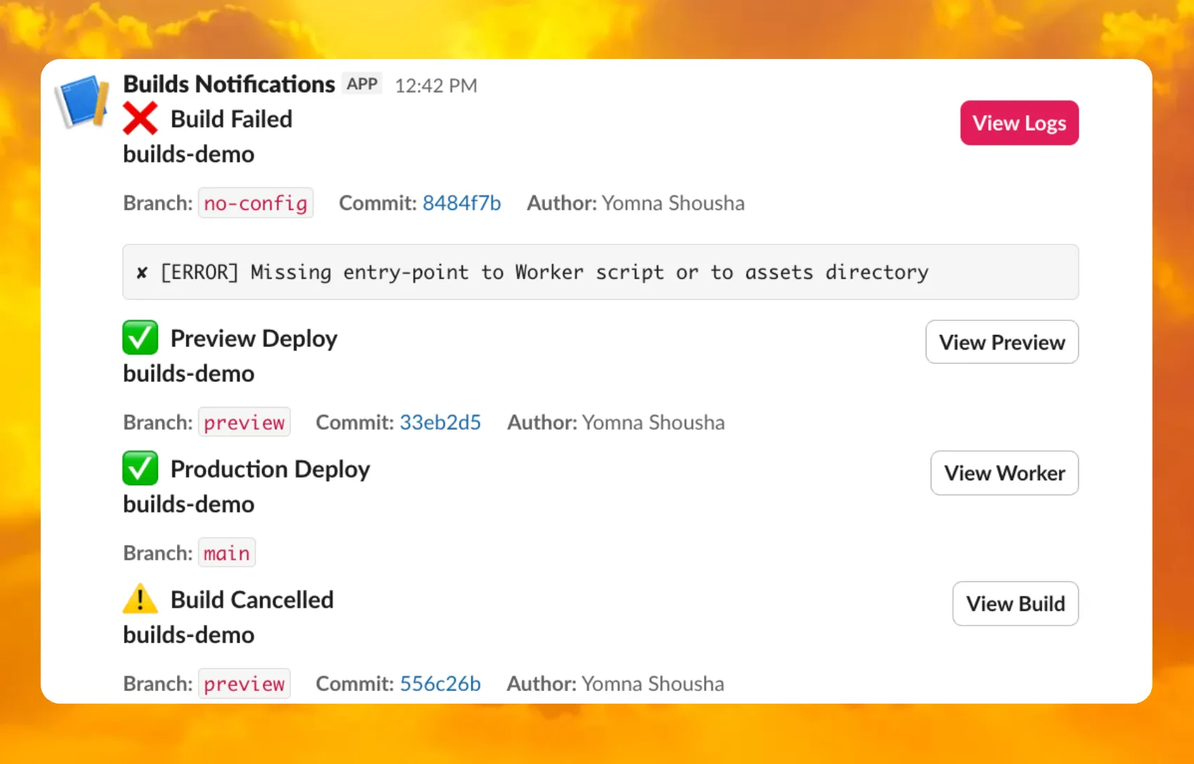 Example Slack notifications for Workers Builds events