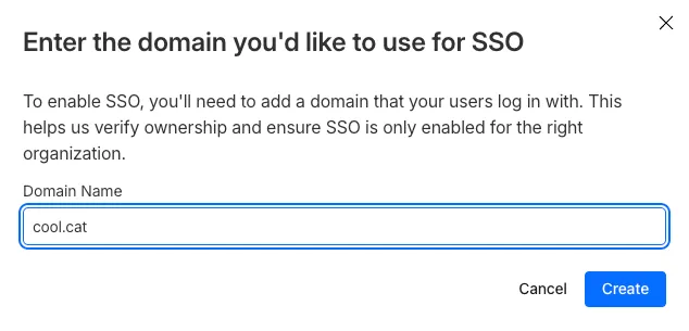 Screenshot of the SSO connector create modal