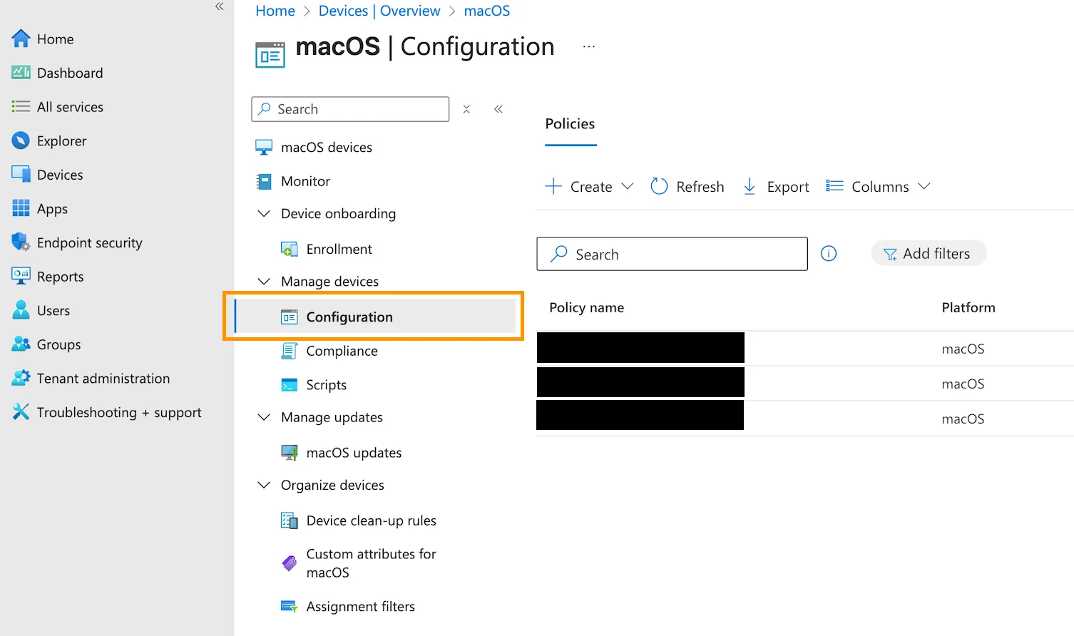 Intune admin console where you will create a new policy