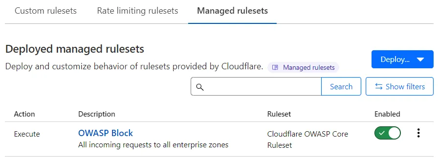 Example WAF Managed Rules configuration in the Managed rulesets tab.