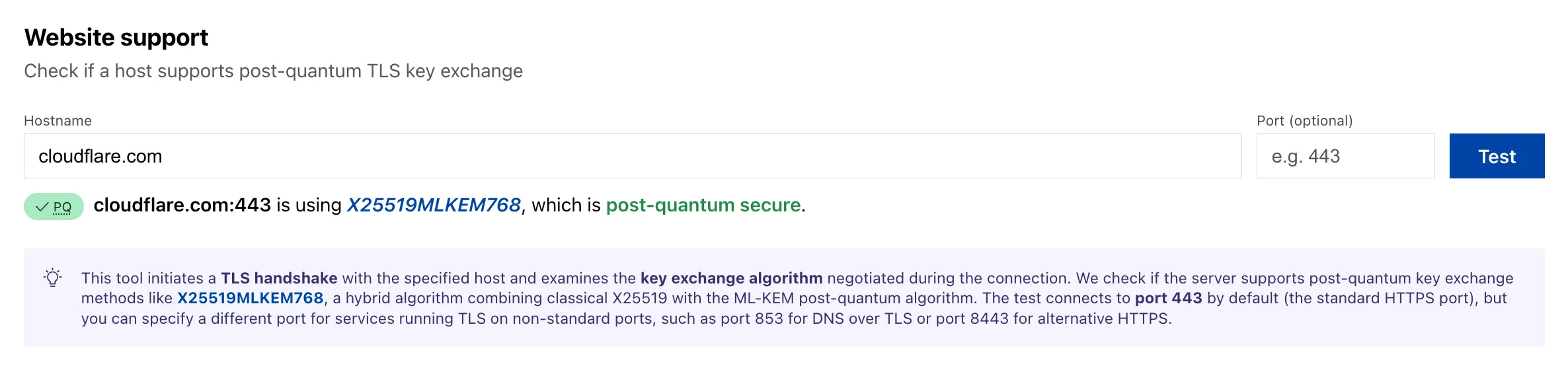 Screenshot of the post-quantum host test tool on Radar
