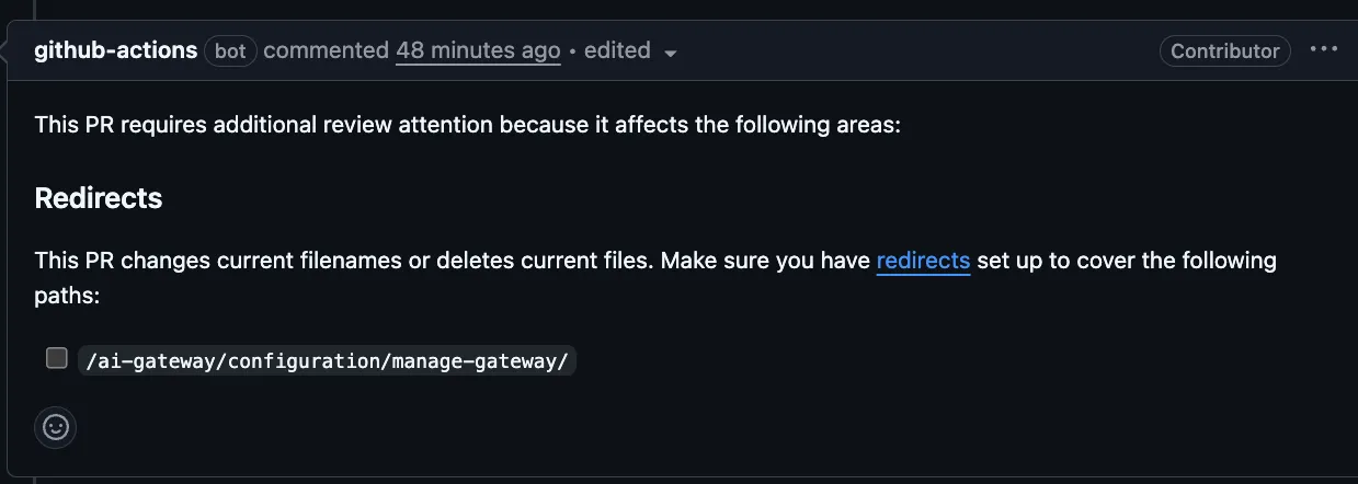 GitHub Actions redirect comment