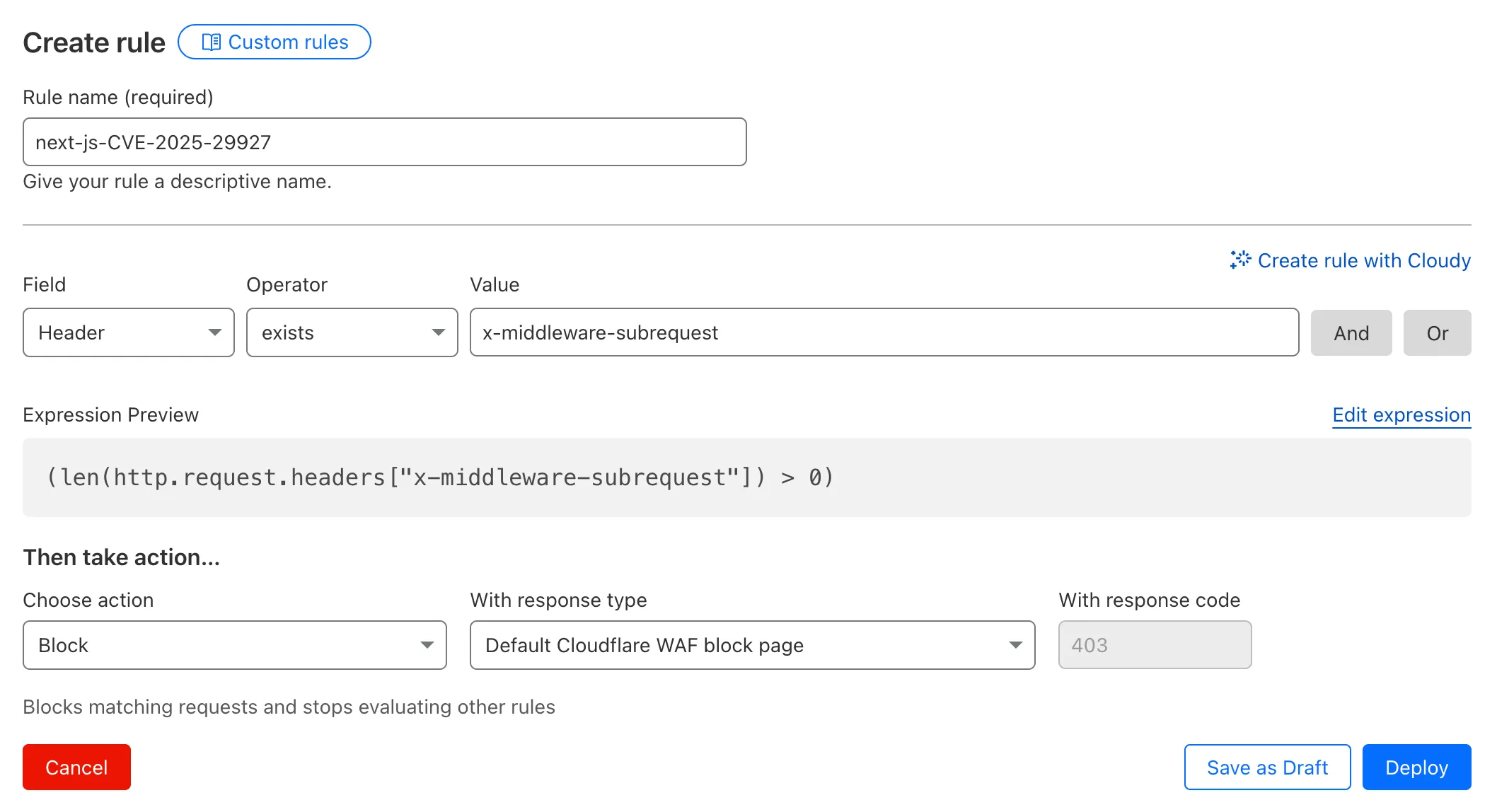 Next.js CVE-2025-29927 WAF rule
