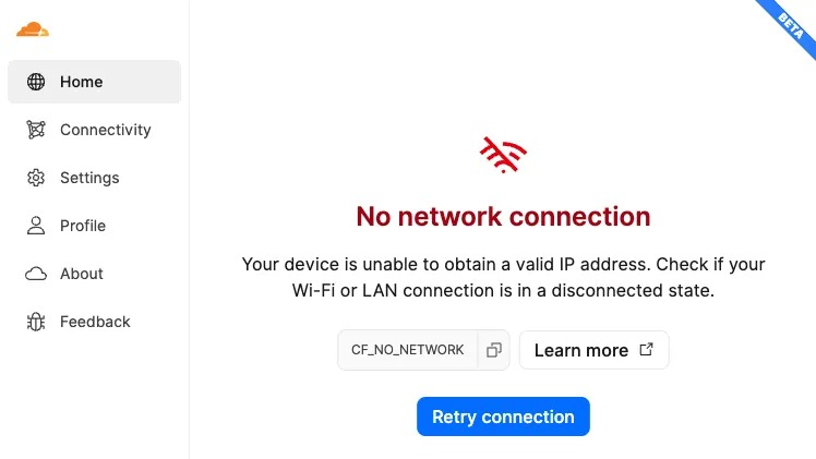 Example of error message in Cloudflare One Client GUI